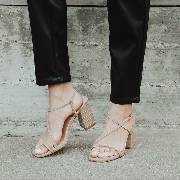 Lulus Nude Crocodile-Embossed Strappy High Heel Sandals Size 9 - Picture 3 of 6